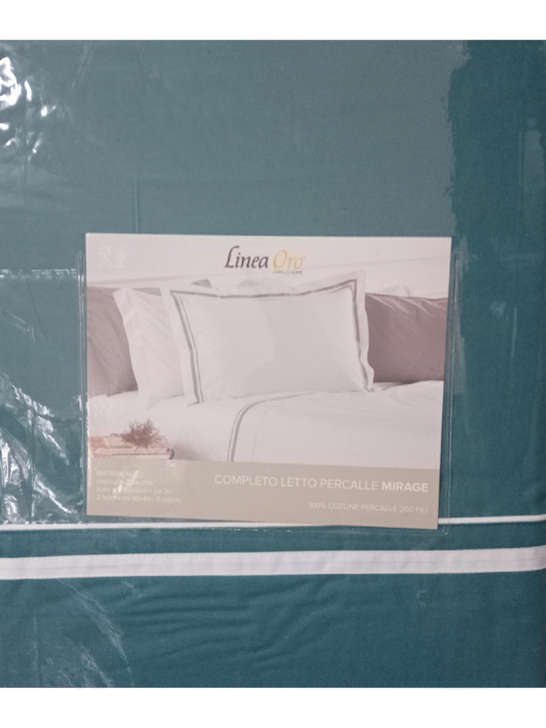 Completo lenzuola matrimoniale Mirage in Percalle color Ottanio by linea oro